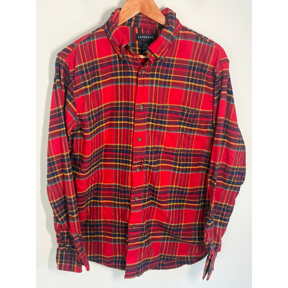 Lands End Mens Red Plaid Flannel Shirt Traditional Fit Long Sleeve M 15-15.5